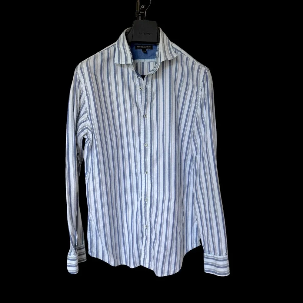 Banana Republic Mens Tailored Slim Fit Stripe Button Down Shirt Blue White L